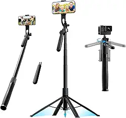 Basike Tripé para Celular 1,8m – Bastão de Selfie Dobrável Portátil com Controle Remoto, Rotação 360°, Base Quadrúpede Reforçada, Pau de Selfie com Parafuso 1/4' Compatível com Câmeras, GoPro e iPhone