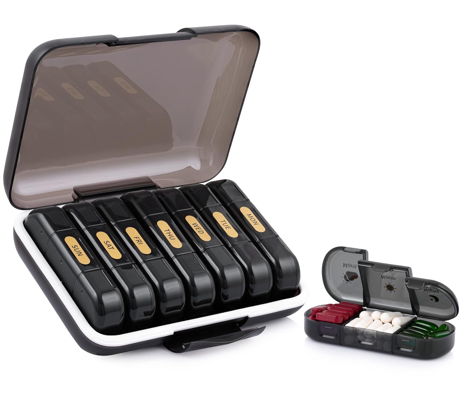 Keskriva weekly pill organizer times a day, portable travel box 7 with large compartments moisture-proof case for vitamin, Medicine, supplements (Black-3 Compartment-image-40