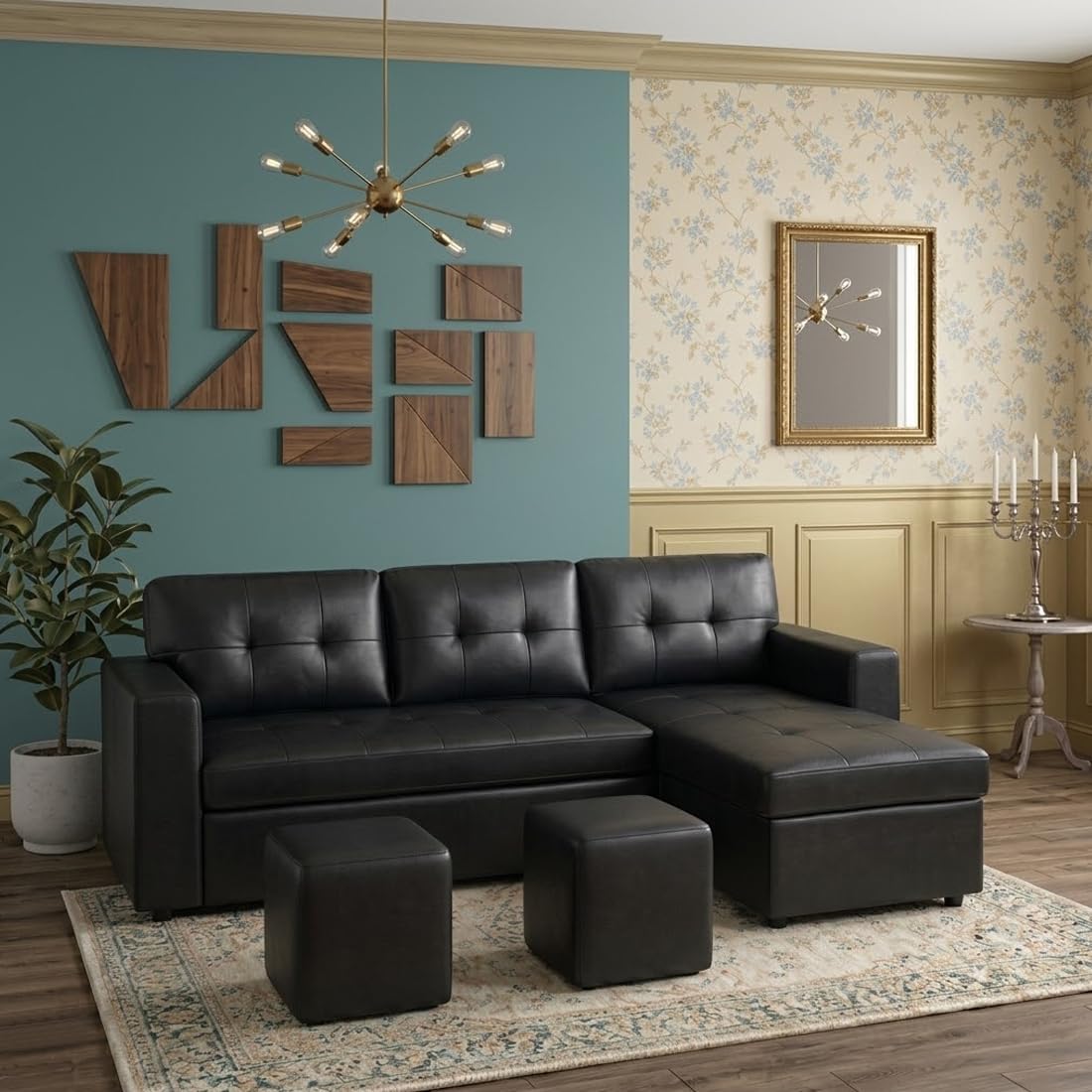 Alvaro Signature 4 Seater Leatherette L Shape Sectional Sofa - Stylish Space Saving Velvet Finish - Left Hand Facing Sofa Set - Perfect Made for Home, Offices - Black-image-41