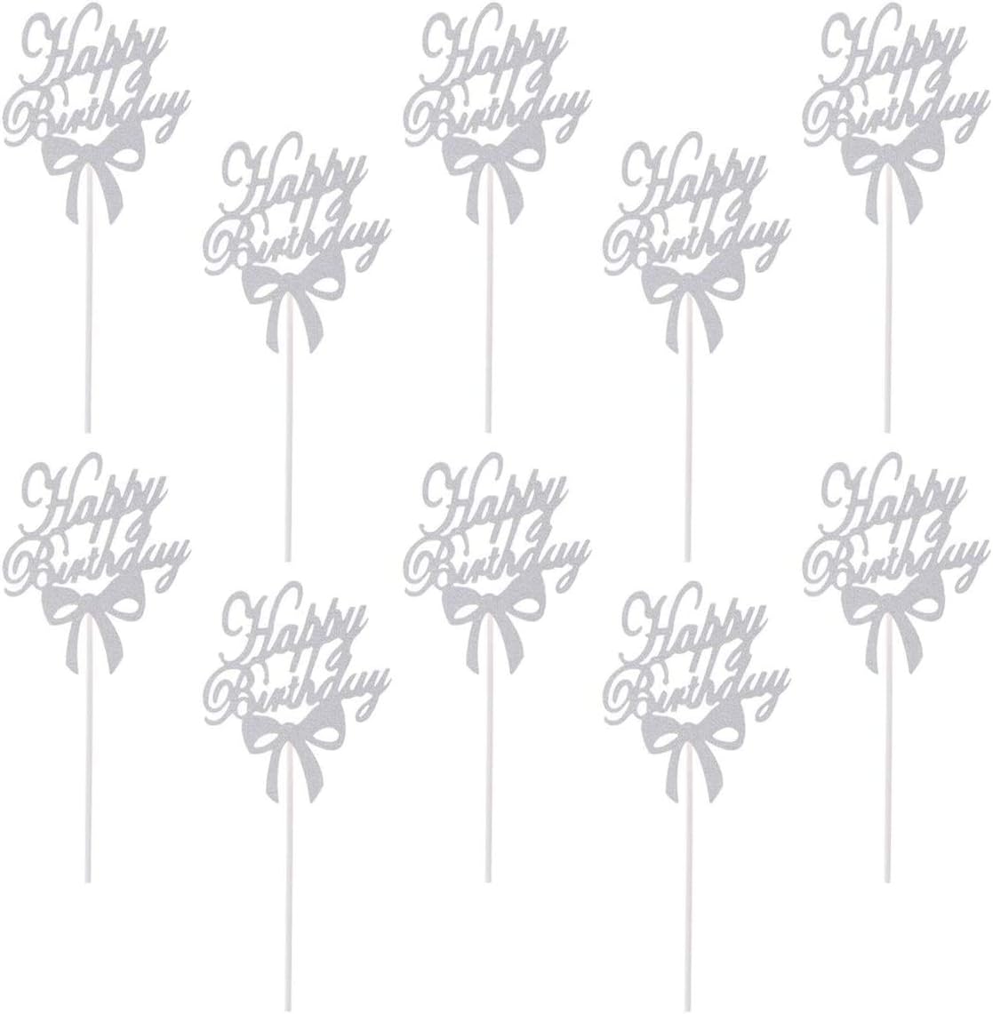 10Pack Happy Birthday Cupcake Toppers Glitter Bowknot Cake