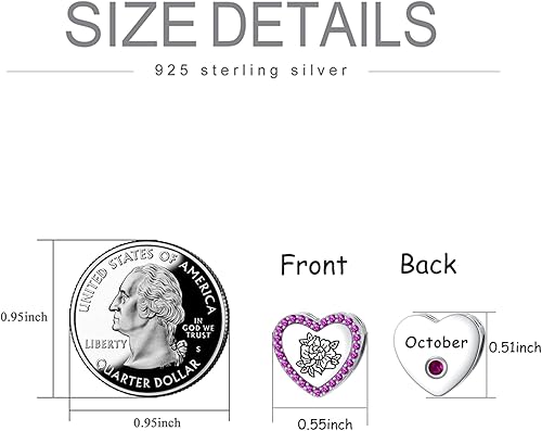 Miniatura 6 de Dijes de corazón con piedra natal para pulseras de plata de ley 925, joyería de flor de nacimiento, regalos de cumpleaños para mujeres, madre