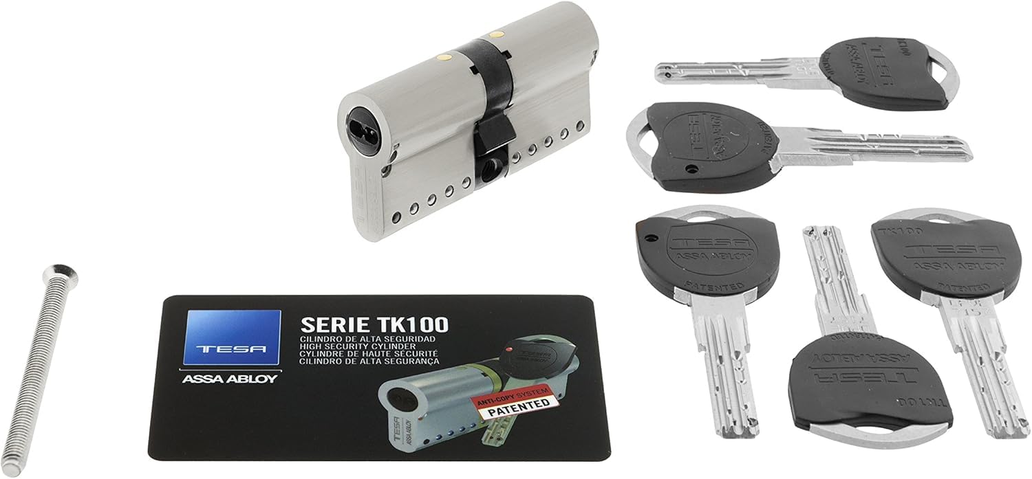 Tesa Assa Abloy, TK153030N, Cilindro de Alta Seguridad, TK100, Doble Embrague, Leva Larga, Niquelado, 30 x 30 mm