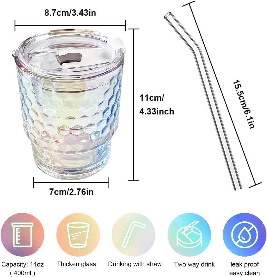 Image of WEZOSHINET Glass Tumblers with Straws and Lids Coffee Sipper Mug with Wide Mouth, Rainbow Glass Drinking Mason for Iced Tea, Juice, Cocktail, Cold & Hot Beverages Cups (Rainbow Bubble Mug /Pack of 1)