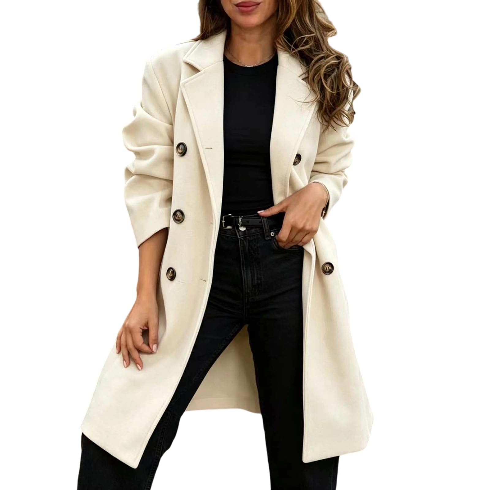 Generisch Wintermantel Damen Elegant Wollmantel Lang Winterjacke Zweireihig