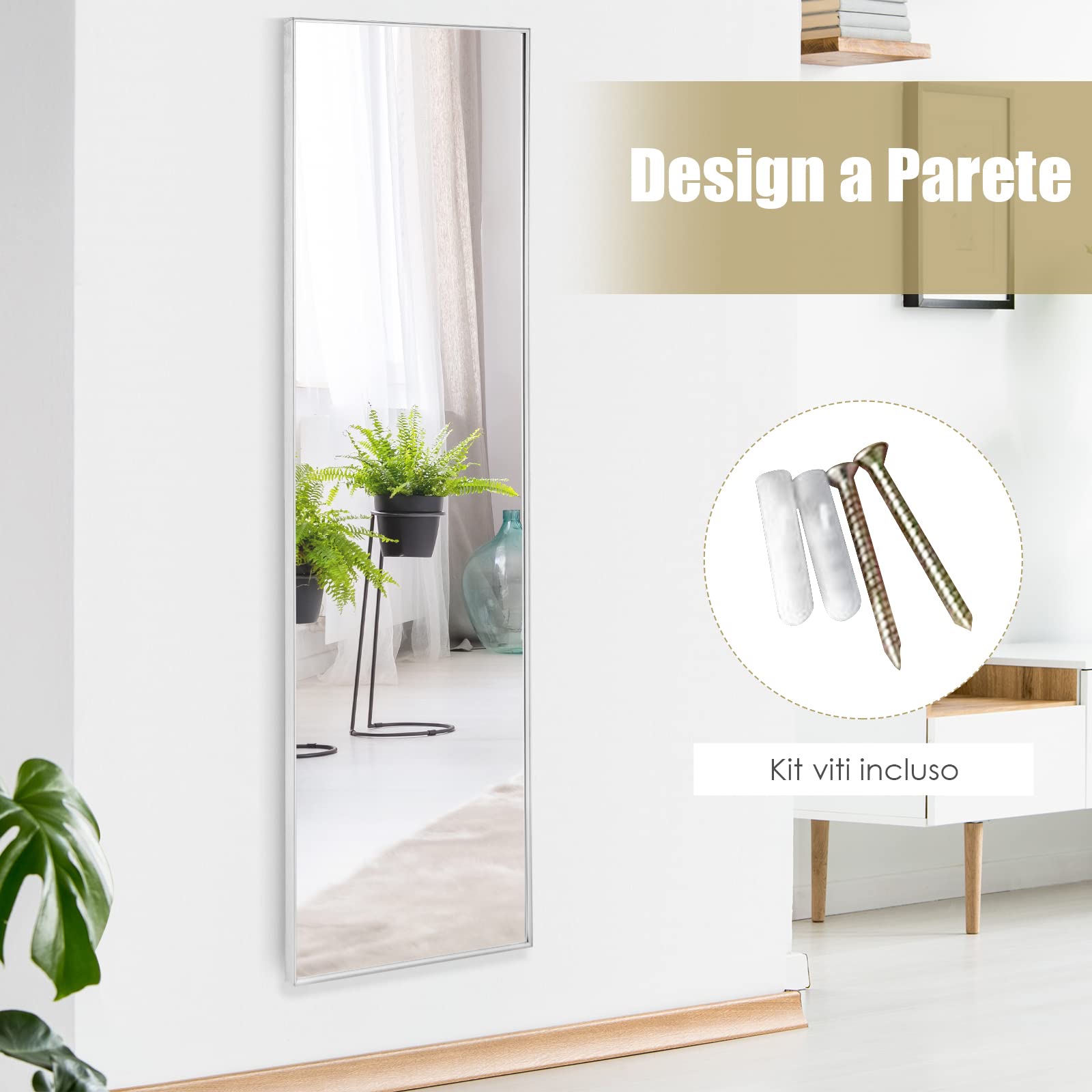 COSTWAY Specchio da Parete Lungo, Specchio a Figura Intera Appendere con Cornice in Lega di Alluminio e Ganci, Per Camera da Letto e Soggiorno, 120 x 37 cm (Argento)