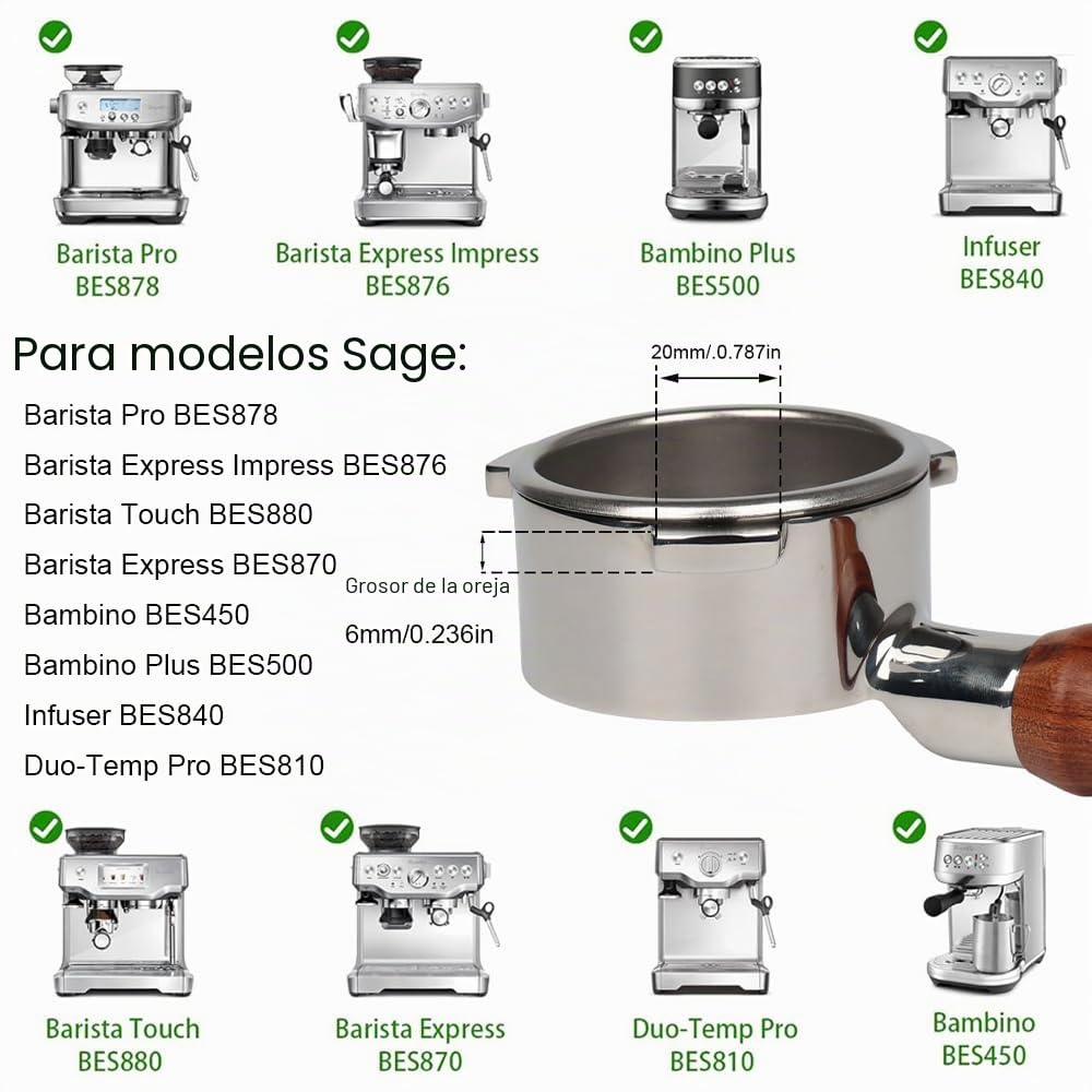 Portafiltro sin fondo 54 mm Compatible Sage/Breville Barista 870/878/880, asa de madera