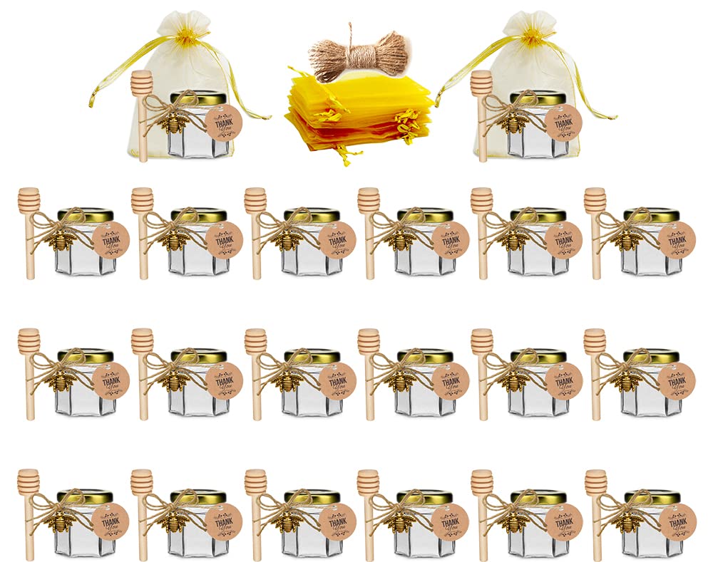 DnaDkiy 20 Pack Glass Honey Jars with Dipper - Perfect Baby Shower Favors, Wedding & Party Favors - Honey Pot with Gold Lids, Bee Pendants, Jutes, Golden Gift Bags, and Thank You Cards