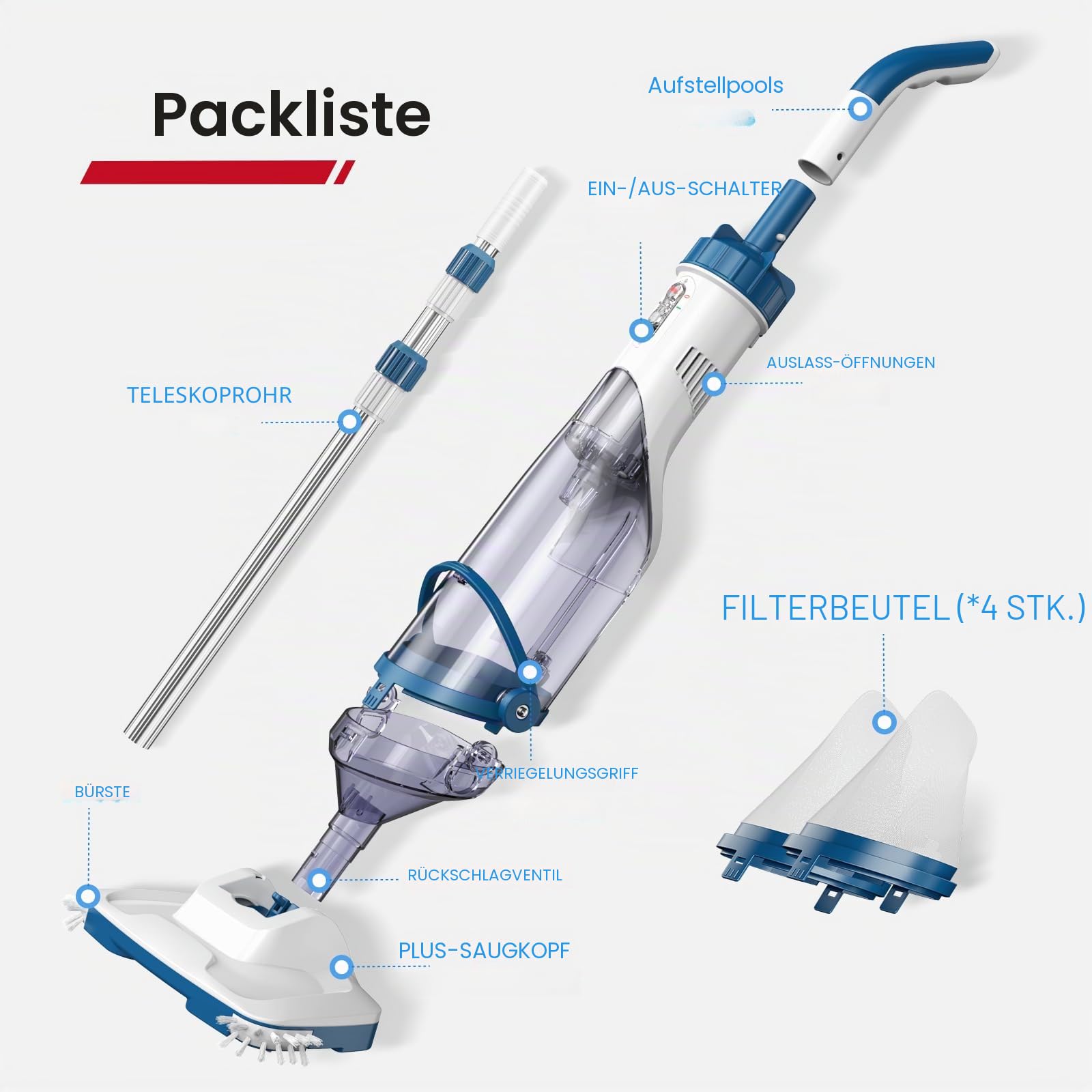 Enhulk Poolsauger Akku, 2025 Verbesserter 34cm breiter Kopf, Betriebsdauer bis zu 60 Minuten, Poolreiniger mit 3 Filter & Teleskopstange, Absaugung bis zu 4200L/H, Ideal für Aufstellpool usw
