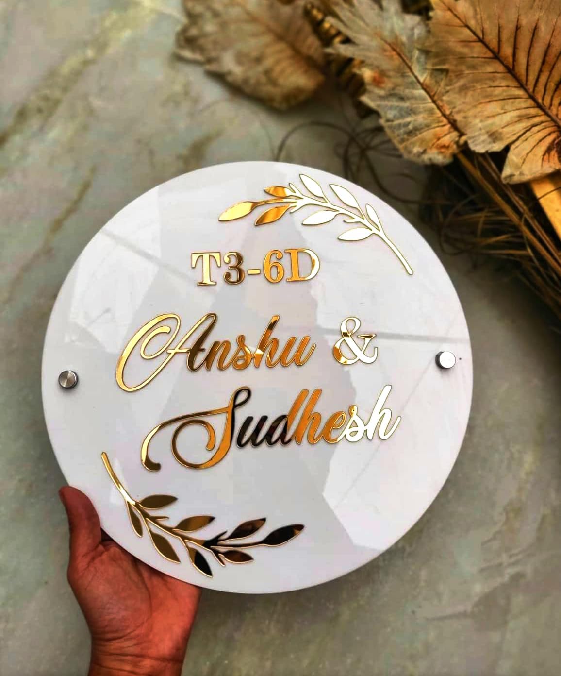 HOMEINDEEDCustomize Name Plate for Flat/Home/Hotel name plate for home entrance round shape Gold And white 10x10 inch with fancy screws (B0C9788KCG) Amazon Price History, Amazon Price Tracker