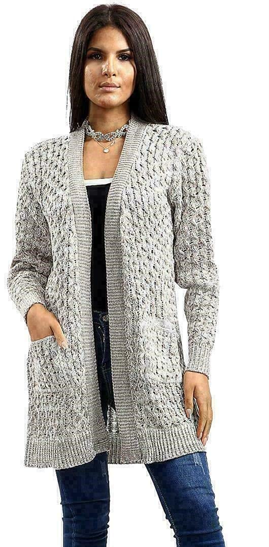 Crazy Girls Womens Crochet Knitted Boyfriend Cardigan, Marl Beige, SM (UK 8-10)