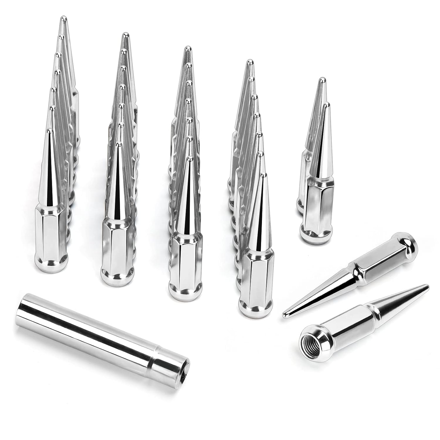 KSP 9/16-18" Spike Lug Nuts Compatible with Dodge Ram 1500 2500 3500, 32pcs Chrome Conical/Cone Wheel Nuts with 1 Socket Key Replacement for Aftermarket Wheels,4.4" Tall Closed End Bulge Acorn Nuts KSP 9/16-18" Spike Lug Nuts Compatible with Dodge Ram 1500 2500 3500, 32pcs Chrome Conical/Cone Wheel Nuts with 1 Socket Key Replacement for Aftermarket Wheels,4.4" Tall Closed End Bulge Acorn Nuts