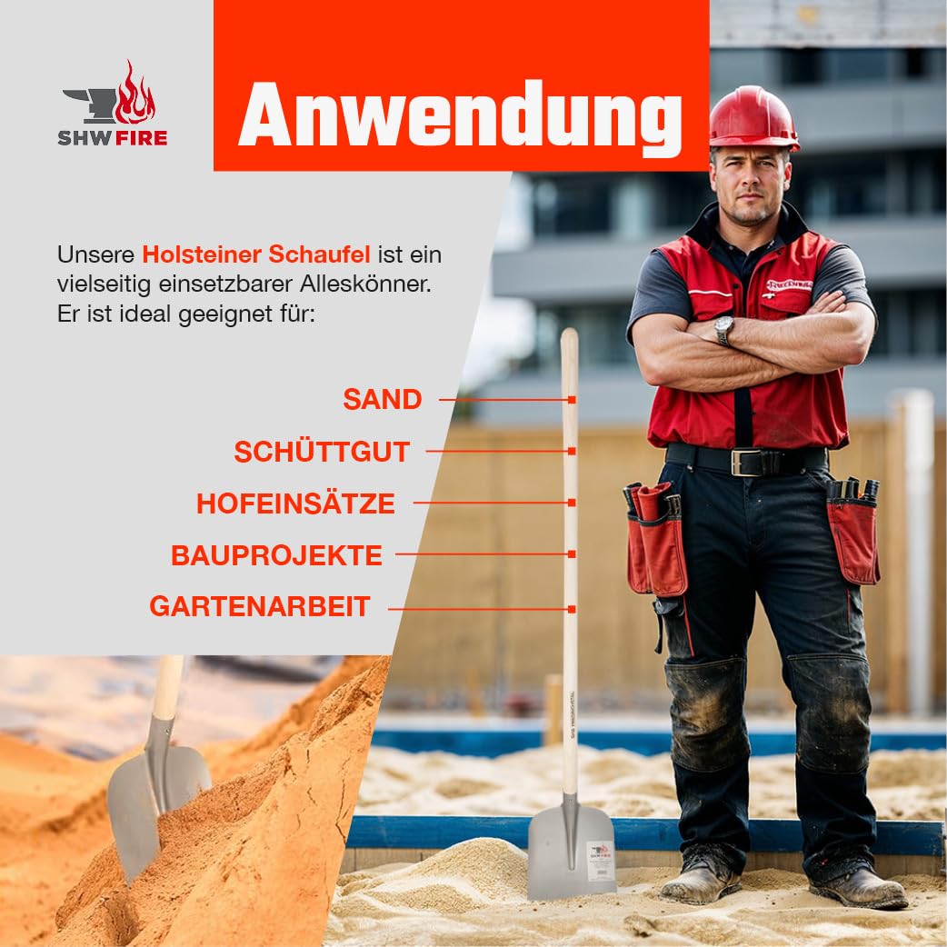 SHW FIRE - Pala in acciaio temprato, lama curva, manico in frassino 128 cm per trasmissione ottimale della forza, pala professionale resistente e durevole | Made in Germany