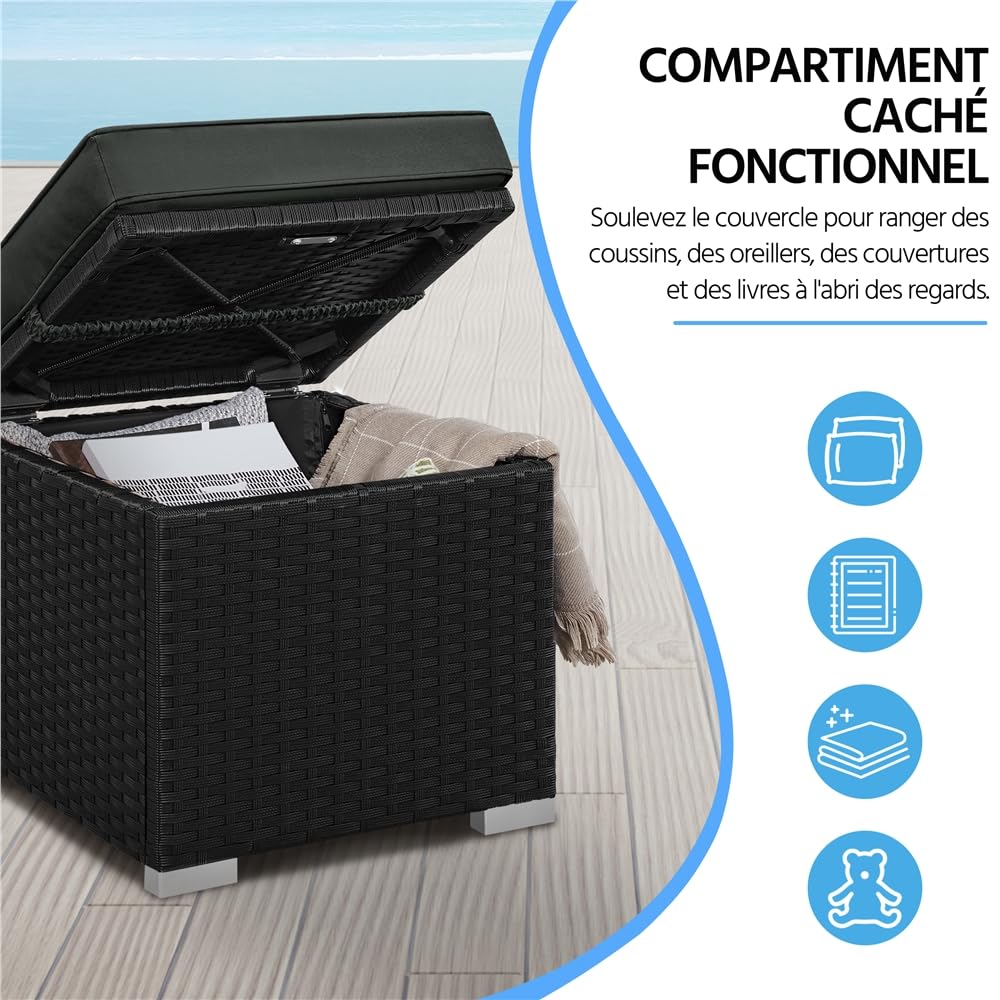 Yaheetech Poufs en Rotin pour Extérieur 2 pcs, Lot de 2 Ottomanes de Jardin en Rotin de Rangement avec Coussin 40 x 40 x 41 cm pour Amenagement Balcon Terrasse Noir/Gris