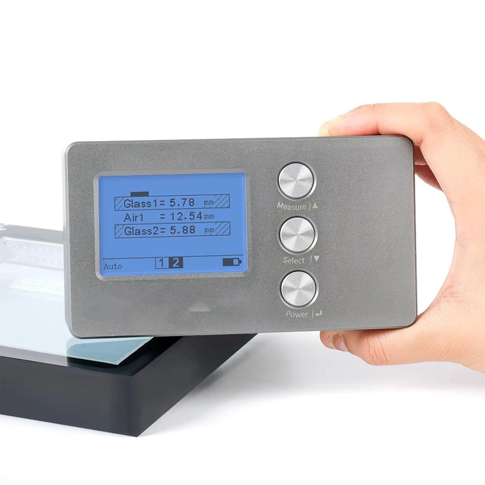 Cyfrowy miernik grubości szkła – pomiar jednym dotknięciem, dokładny ± 0,1 mm, ekran LCD, wyświetla grubość szkła i szczeliny powietrznej, tryby automatyczne i ręczne, zawiera smycz