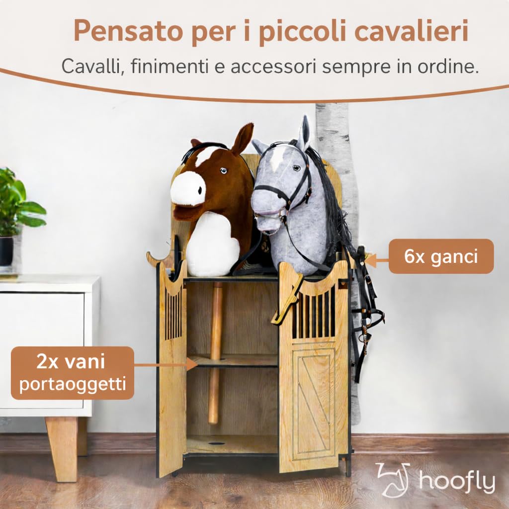 Hobby Horse Stalla – Accessorio Funzionale con Porte, Spazio Contenitivo e Ganci/Stalla in Legno per 2 Cavalli a Bastone/Supporto Stabile per Hobby Horse