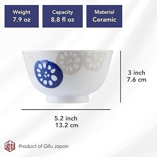 Miniatura 3 de Mino Ware Renkon - Juego de 2 cuencos de arroz ligeros, cuencos para cereales, color azul, 9 onzas líquidas, 5 pulgadas