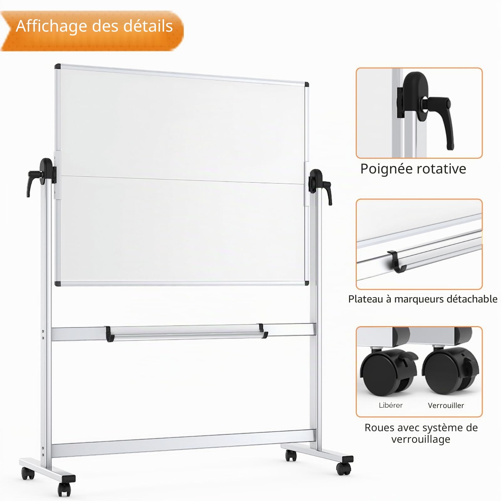 VIZ-PRO Tableau Blanc Mobile Double Face, 120 x 90 cm, Tableau Blanc Magnétique Effaçable à Sec Sur Roulettes Avec Cadre en Aluminium et Support | Tableau magnétique double face effaçable à sec sur roulettes pour l'école, le bureau, la maison 1,2 x 91,4 c