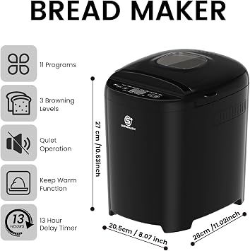 Gluten Free Bread Maker, 11 Programmes Sourdough Whole Grain Rye Bread Machine, 1.5lb 2lb Loaf, 13H Delay Timer, 1H Keep Warm, Non-Stick Pan, Fast Bake, LCD Display, Compact for UK Kitchen