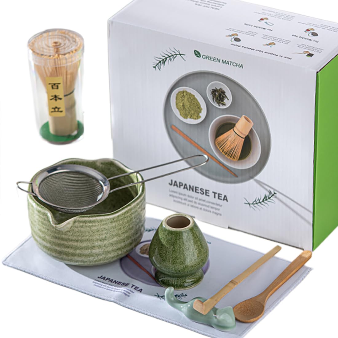 8 Pcs Matcha Set, Matcha Tea Set with Matcha Whisk, Matcha Whisk Holder, Matcha Bowl, Strainer, Two Bamboo Scoop, Scoop Holder, Tea Cloth, Gift for Matcha Lover, Japanese Matcha Kit (Green)