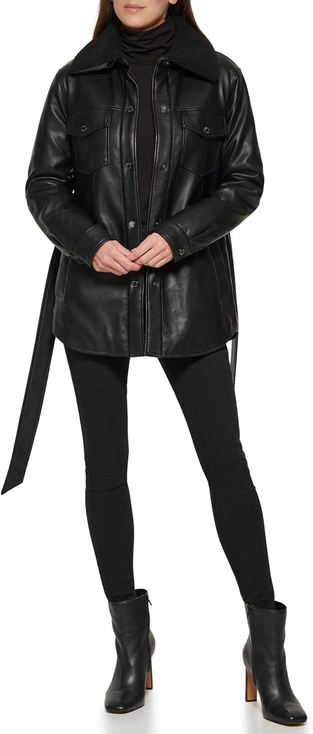 Kenneth Cole Women's Modern Updated Shacket Belted Trench Faux-leather