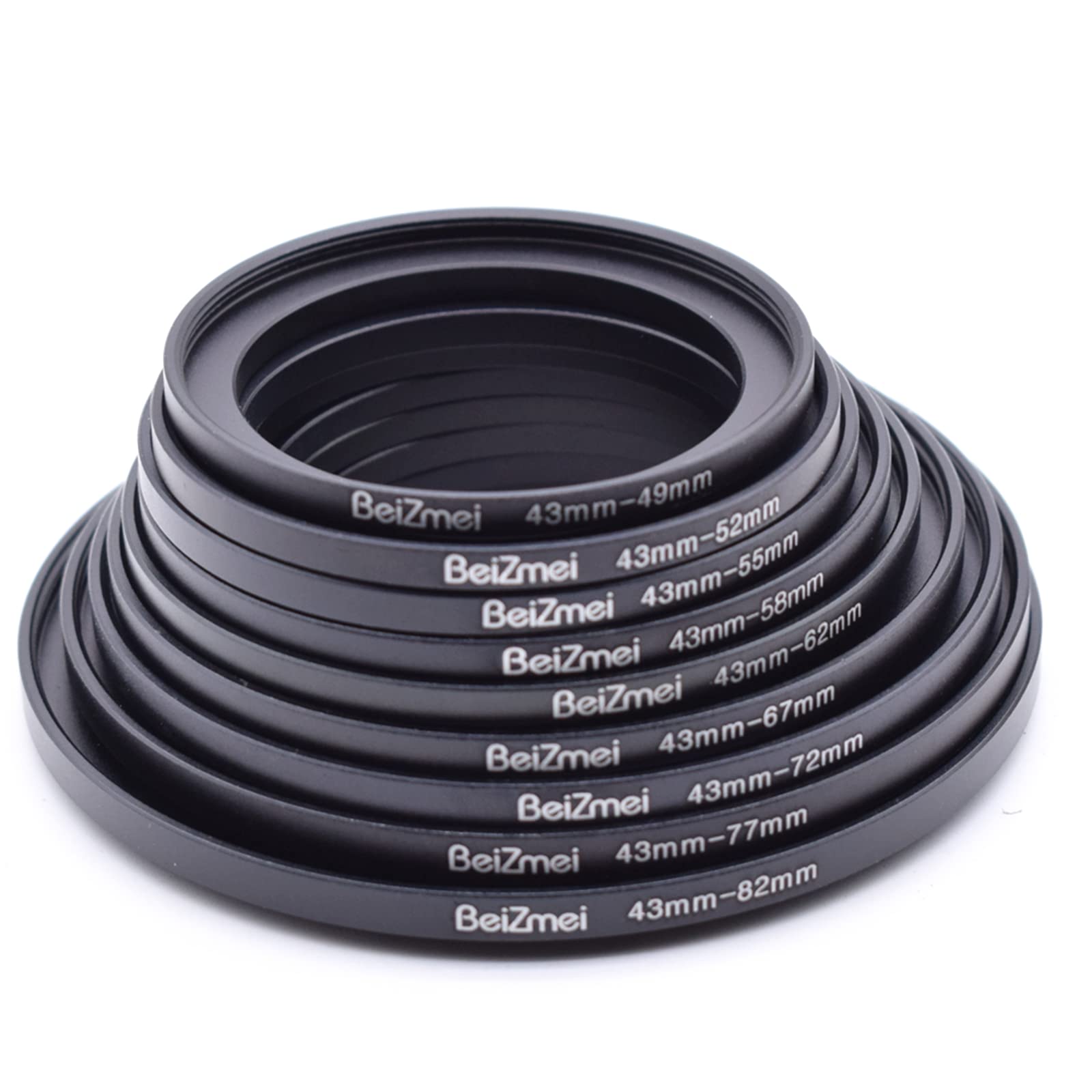 Lot de 9 anneaux de filtre pour appareil photo de 43mm,compatible avec objectif 43mm,43-49/43-52/43-55/43-58/43-62/43-67/43-72/43-77/43-82. Aluminium anodisé CNC (43mm Step-Up Anneaux)