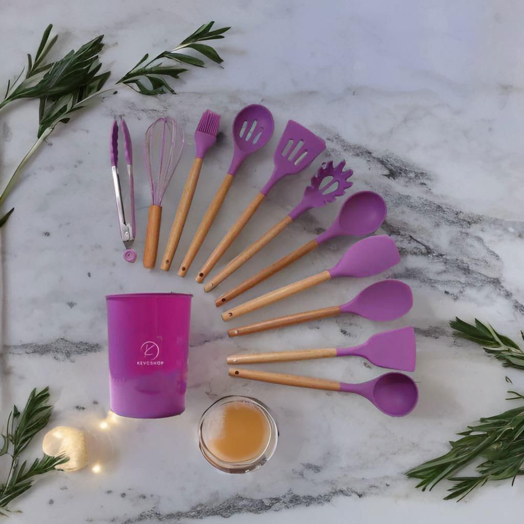 Deluxe 12-Piece Silicone Kitchen Utensils Set with Durable Cooking Tools - Heat Resistant Nonstick Cookware Essentials, Includes Spoon, Spatula, Ladle, and Utensil Set Holder (Purple)