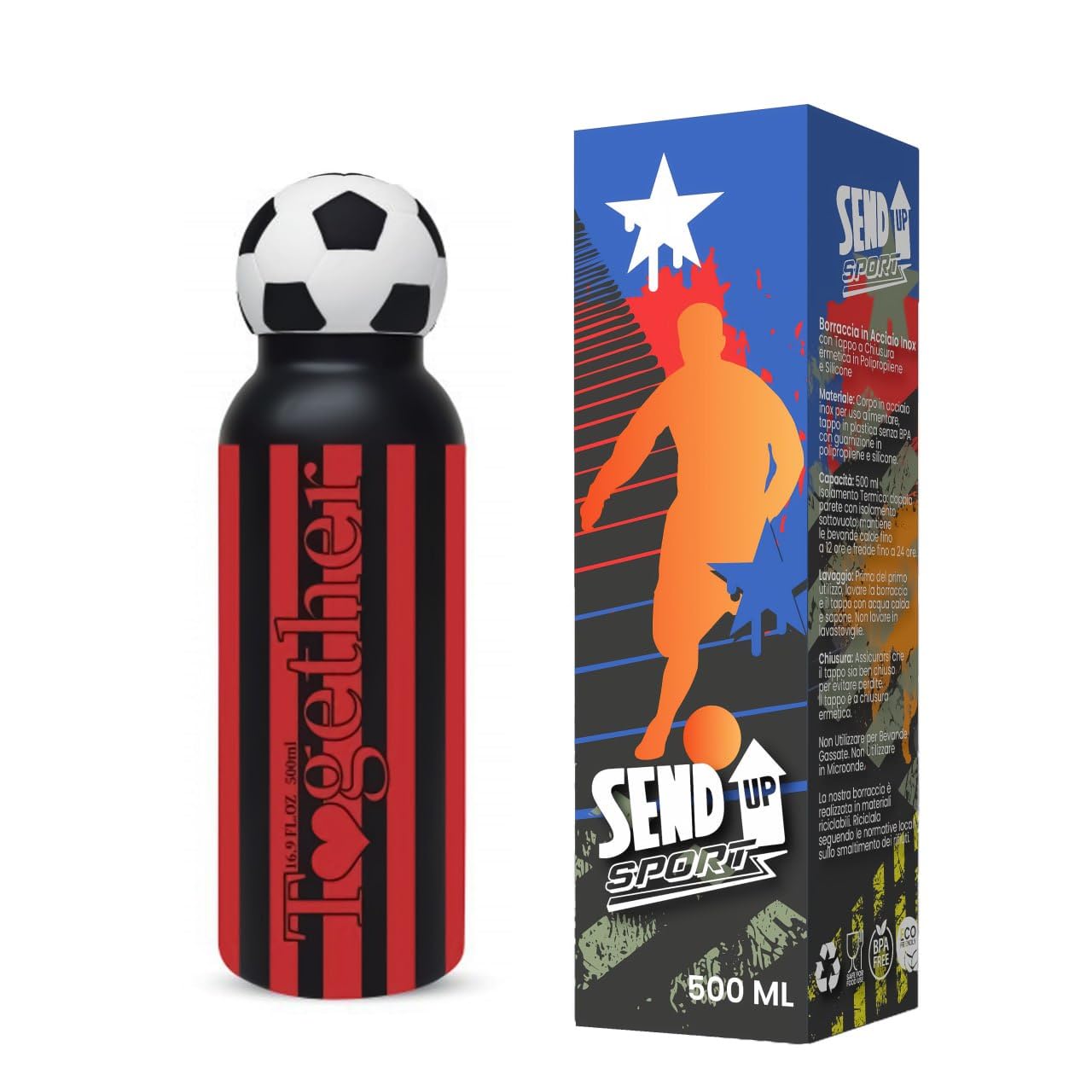 Borraccia Calcio squadra del cuore in Acciaio per Ragazzi bambini e adulti- Regalo sportivo Senza BPA, a Tenuta Stagna, Durevole Ed Ecologica, 550 ml (ROSSO/NERI)