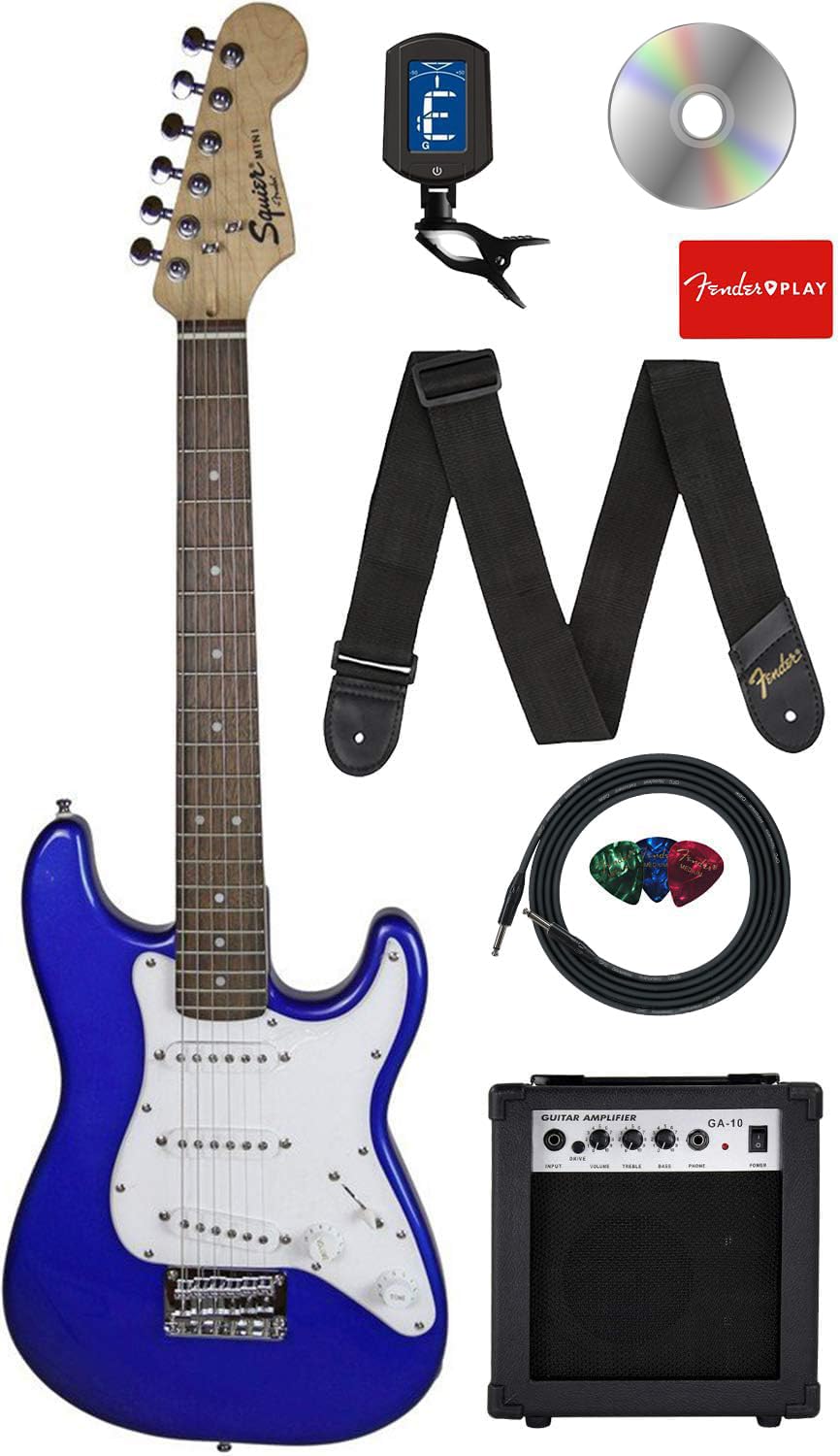 Fender Squier 3/4サイズ キッズ ミニストラット エレキギター - ブルーバンドル アンプ、ケーブル、チューナー、ストラップ、ピック、オンラインレッスン、Austin BazaarインストラクションDVD付き