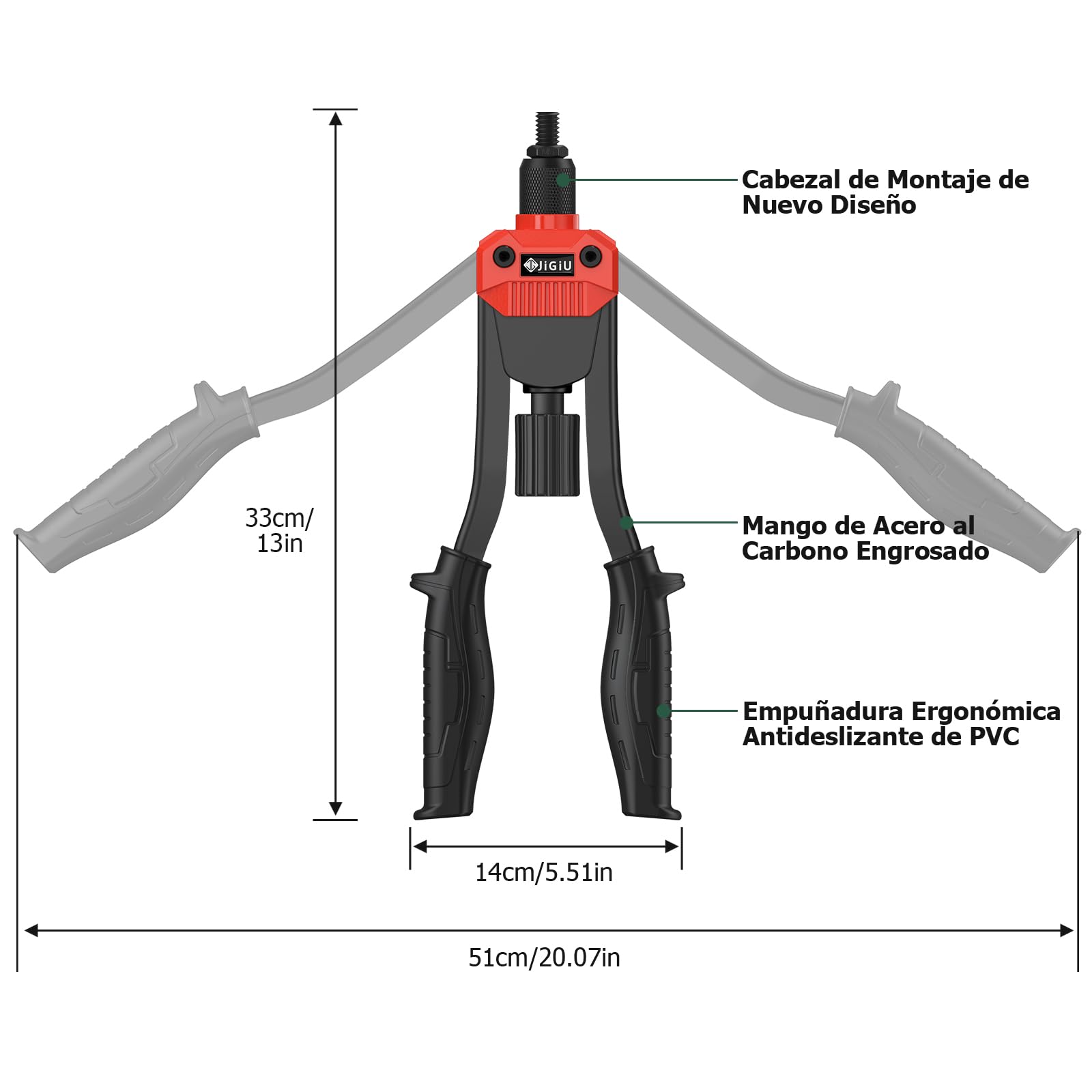 JiGiU 13'' Remachadora de Tuercas con 110 Tuercas M3 M4 M5 M6 M8 M10 M12 Juego de Alicates para Remachar 7 Mandriles Intercambiables para Automoción, Componentes Metálicos, Construcción