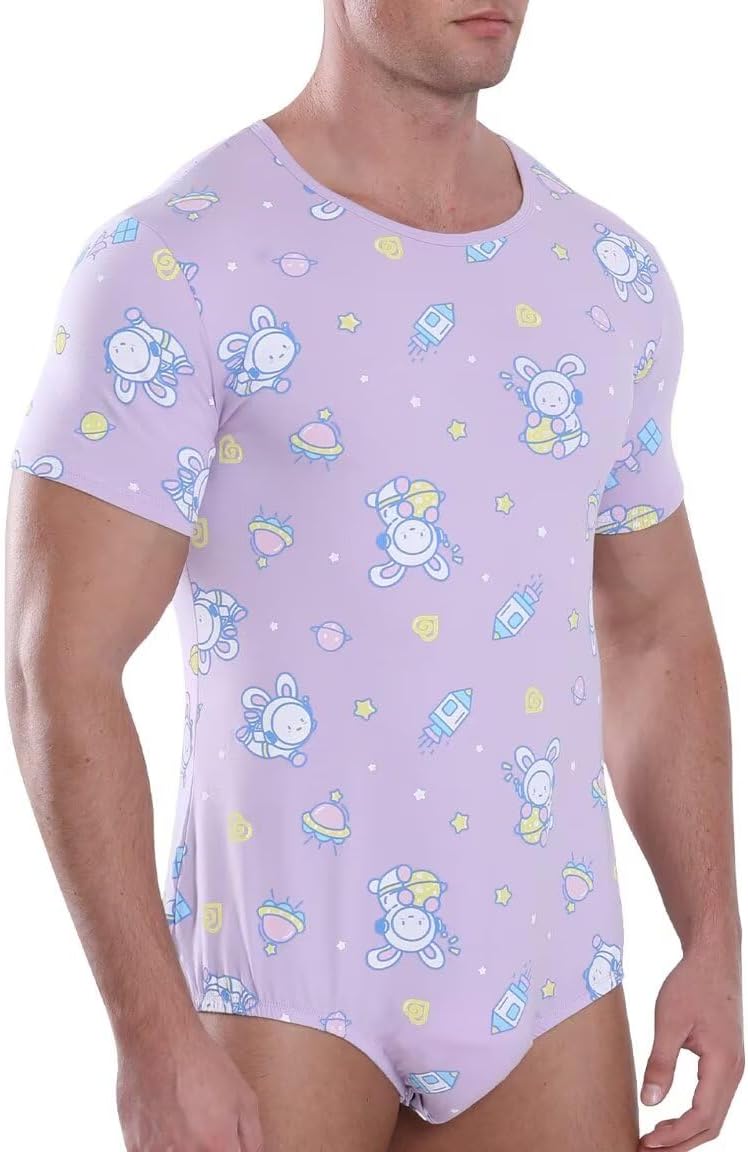 Landofgenie Men Short Sleeve Bodysuit Pajama Print Bodysuit One Piece Pajamas Rompers Basic Onesie - Image 4