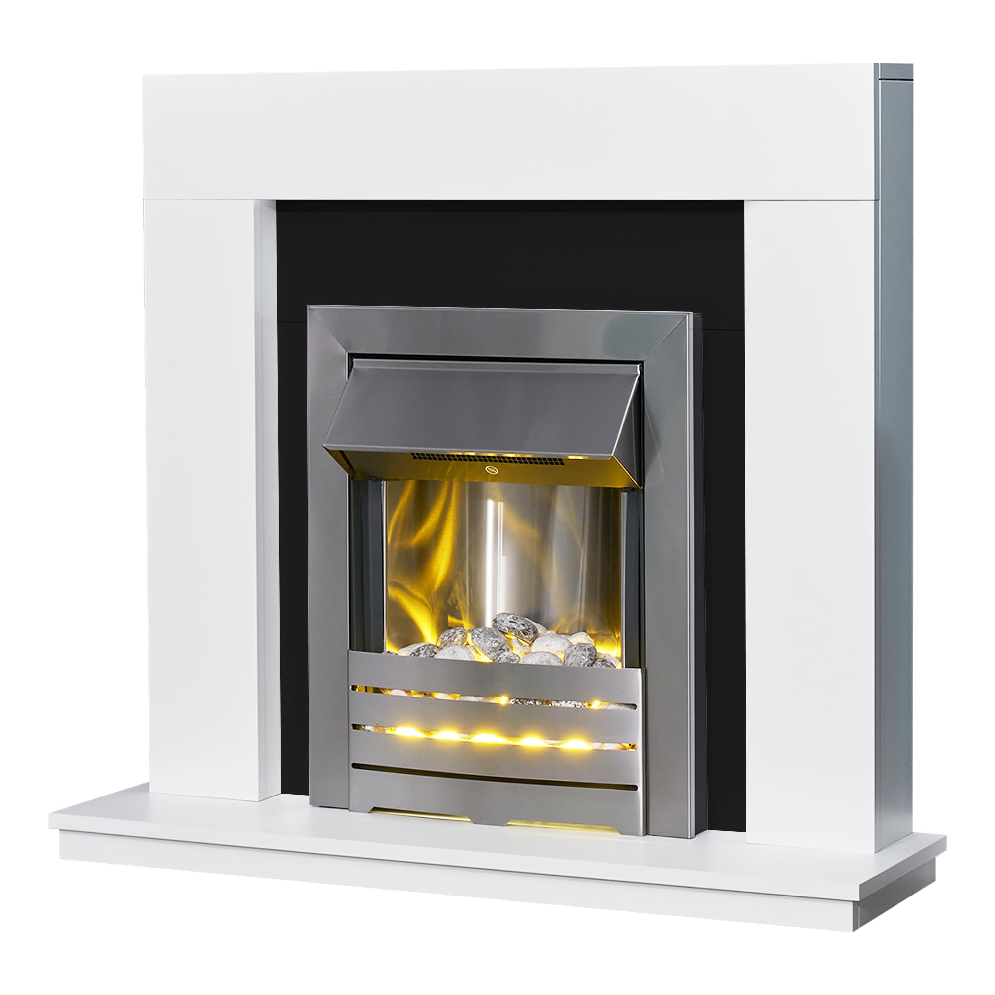 Adam Malmo Fireplace White & Black/White - 39 Inch - Helios Electric Fire - Brushed Steel