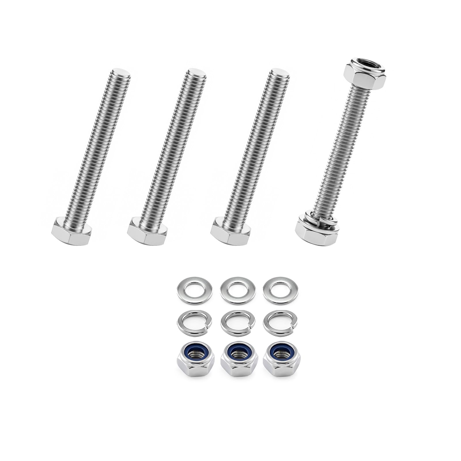 4-Pack M10 x 80mm 304 Stainless Steel Hex Head Bolts with Nylon Nuts and Flat Washers, Fully Threaded DIN 933 Metric Bolt Kit for Construction, Automotive, Furniture, Machinery & 3D Printing
