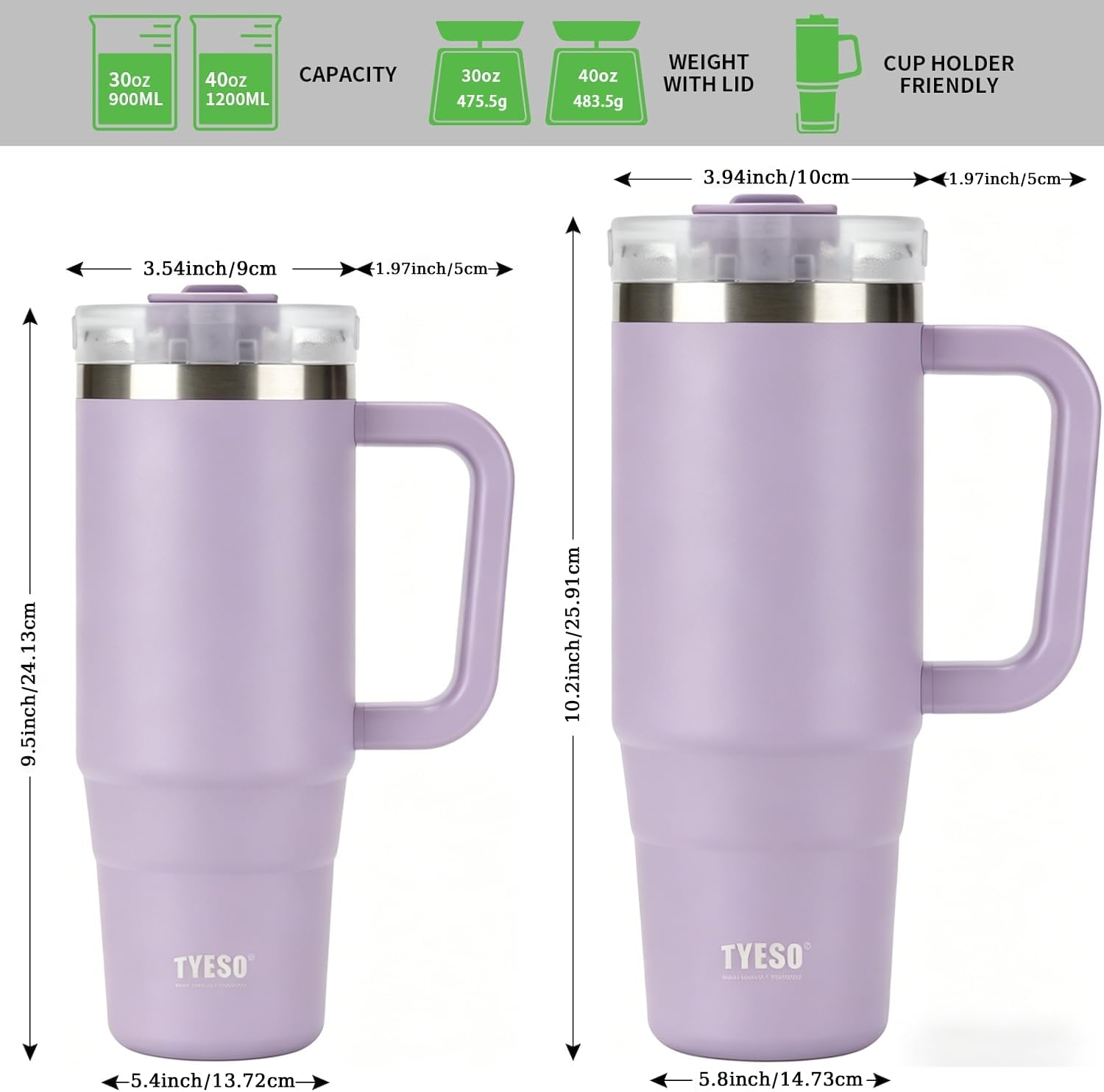 TYESO Vacuum Insulated Tumbler Water Bottle Cold Insulation Stainless Steel Bottle Straw Handle Mug Double Wall Wide Mouth (PURPLR, 40 oz)