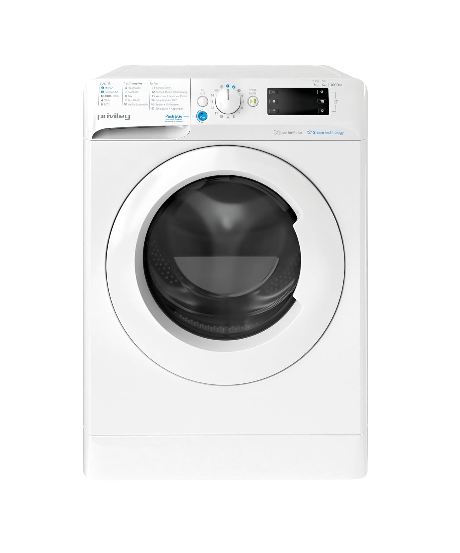Privileg PWWTV X 76G6 DE N Waschtrockner Frontlader/1600 U/min/Waschen 7 kg/Trocknen 6 kg/ EEK E/Push & Go/Express 30'/ Wolle 20°/Kurz 45'/Inverter-Motor/Mehrfachwasserschutz
