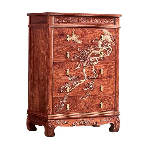 interoknack Traditional Asian Hedgehog Rosewood 5-Drawer Chest with Hand-Carved Plum Blossom Motif, Authentic Mahogany Storage Cabinet