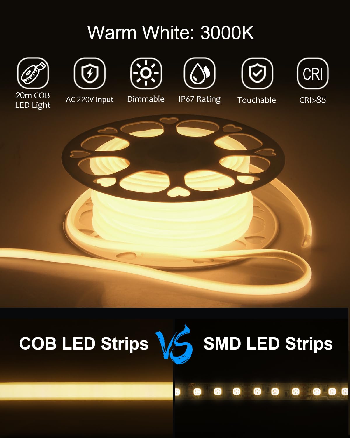 ALITOVE COB LED Streifen 230V Dimmbar Warmweiß 3000K Flexibler 20M COB 5760LEDs Lichtstreifen mit RF-Fernbedienung für Heimwerker-Innenbeleuchtung Heimdekoration
