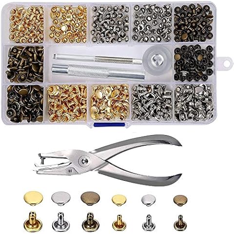 Leather Rivets, 240 Sets Double Cap Rivet Tubular Metal Studs 2 Sizes with Pliers and 3 Pieces Fixing Set Tools for Rivets Replacement DIY Craft Leather Repairing Decoration 3 Colors Cover