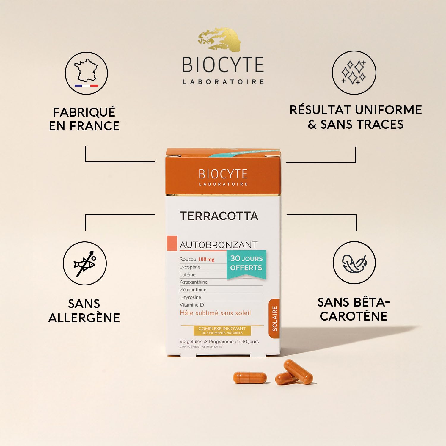 BIOCYTE Zestaw Terracotta Samoopalający - Bezsłoneczny odcień - Bez Beta Carotene - , Luteina, Astaksantyna, L-tyrozyna, Witamina D - 90-dniowy program