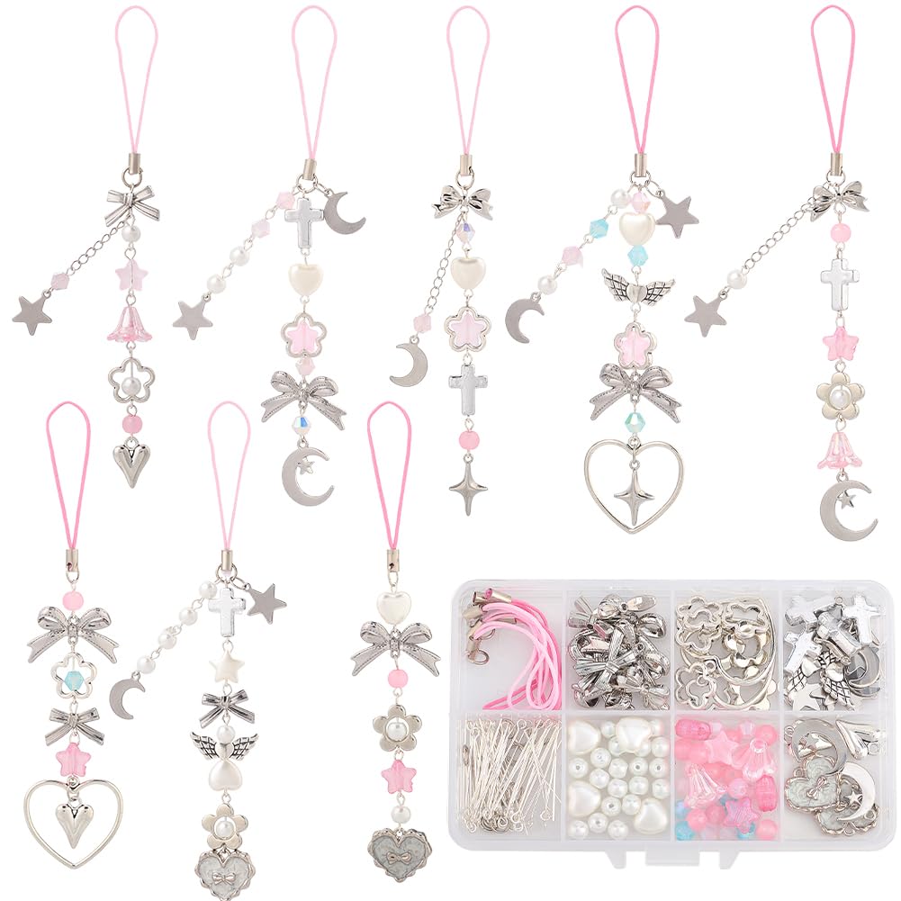 SUNNYCLUE 1 Box DIY 8 Sets Phone Charm Kit Bow Phone Charms Strap Cute Kawaii Bowknot Phone Keychain Pendants Wing Heart Star Pink Beads for Women Adults Cellphone Case Keychains Bag Decoration