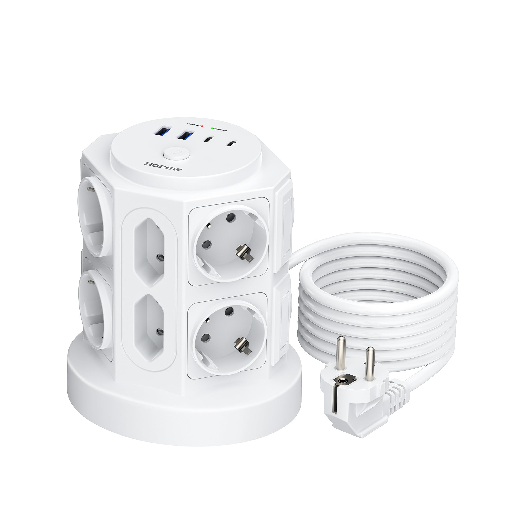 HOPOW 12 Fach Mehrfachsteckdose, 3680W Steckdosenturm mit 4 USB(2 USB C), 1050J Steckdosenleiste Überspannungsschutz, Verlängerungskabel 2m, Steckerleiste mit Schalter für Zuhause, Schlafsaal, Garage