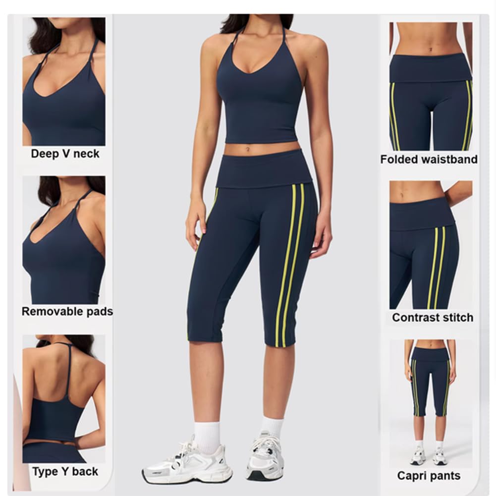 Top Yoga Donna Scollo V Profondo e Pantaloni Capri | Canotta corta halter scollo V, pantaloni yoga capri con strisce laterali e vita ripiegabile, completo fitness 2 pezzi elastic