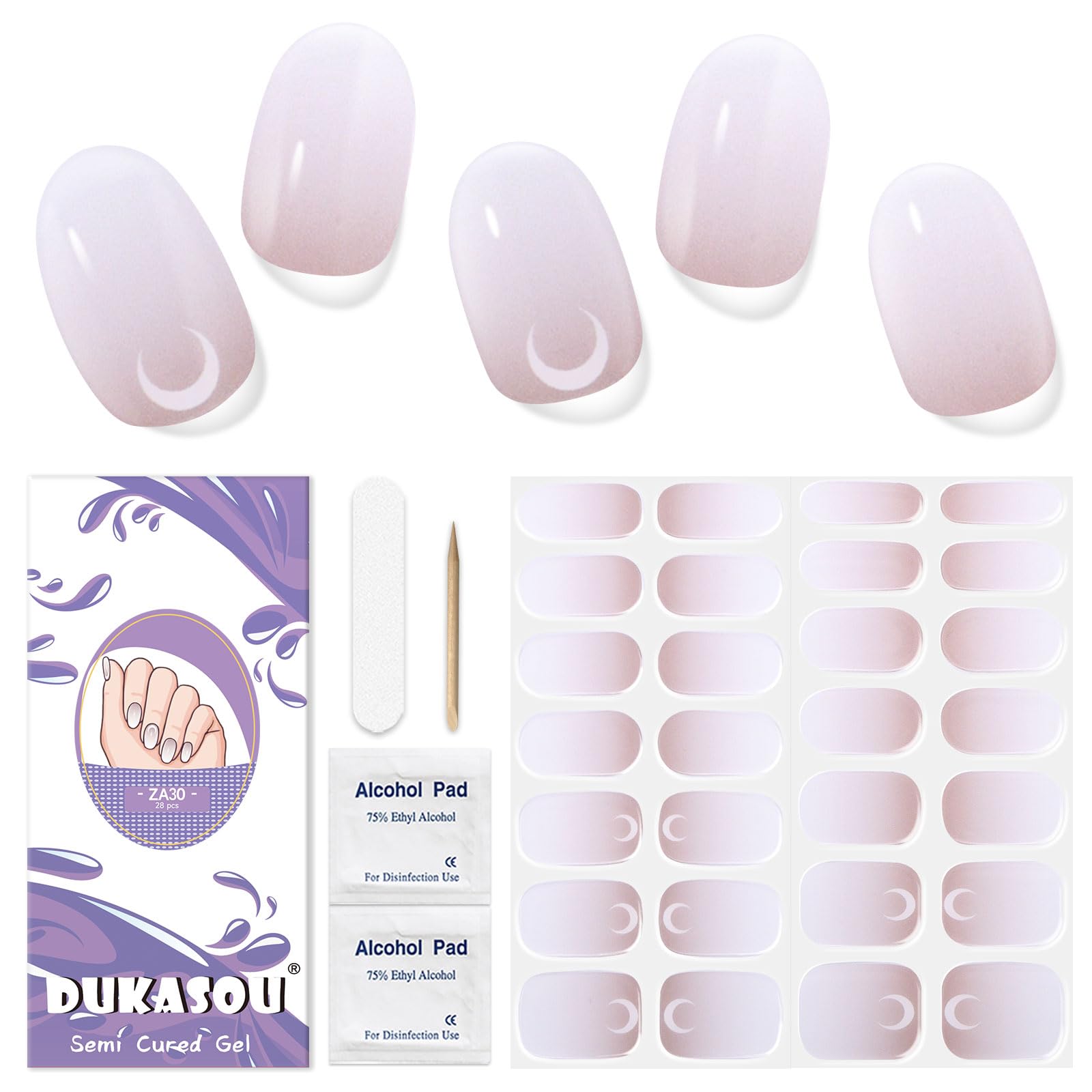 Semi Cured Gel Nail Strips, 28 pcs Gel Nail Stickers Work with Any UV Lights, Long-Lasting Nail Wraps, Stick on Nails for women Easy to Apply & Remove