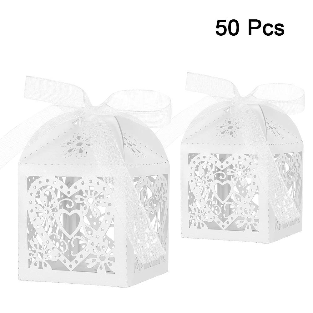 Meifyomng 50Pcs Wedding Party Favour Boxes, Perfect Gift Boxes with Ribbons for Special Occasions, Birthday Parties, Bridal and Baby Shower (White)