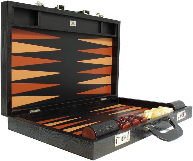 Leather Backgammon Board Set - (23" Large Attache Case, Zaza & Sacci) - Black Lizard