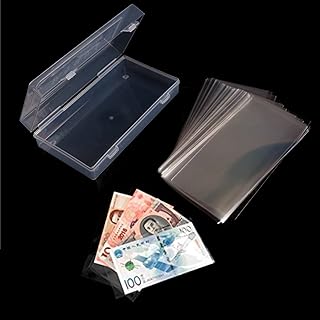 VEIREN 100 Pack Paper Money Collection Protector Bag with Plastic Storage Box Clear Bank Note Frame for Currency Dollar Bill Stamp Paper Money Album Banknotes Plastic Protectors Sleeves Souvenirs