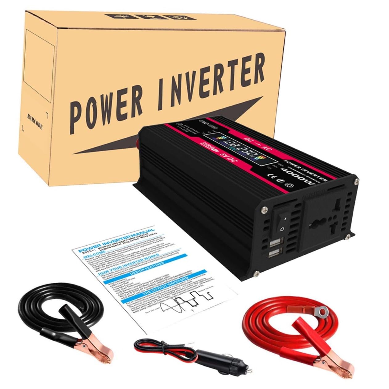 Inverter Di Potenza Display Lcd Digitale Convertitore Per Auto Con Porte Usb e Protezione Completa Scocca in Lega Di Alluminio-magnesio e Di Raffreddamento Intelligente