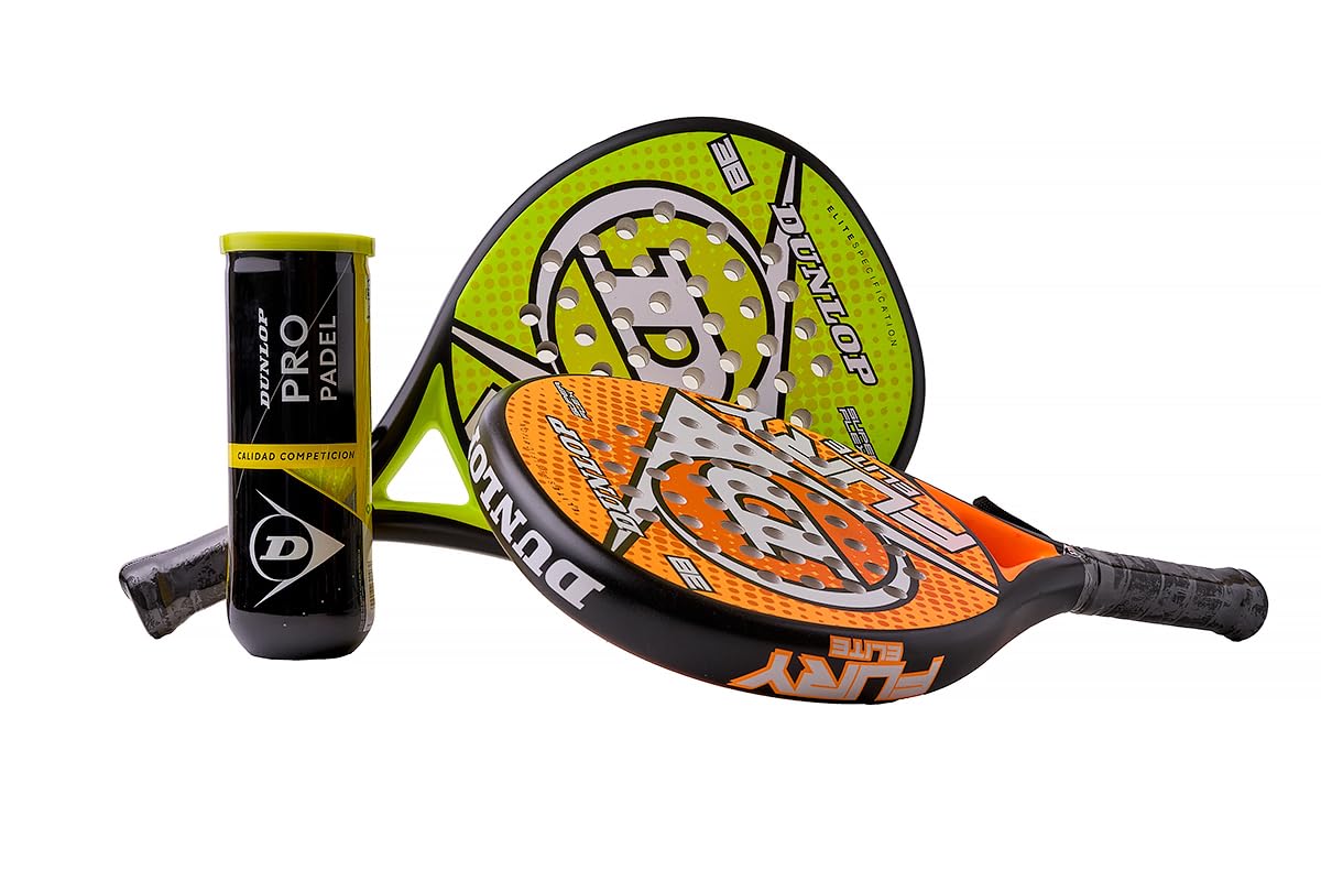 Pack 2 Palas Padel Dunlop Fury (Amarilla, Naranja) + Bote Pelotas Padel Pro