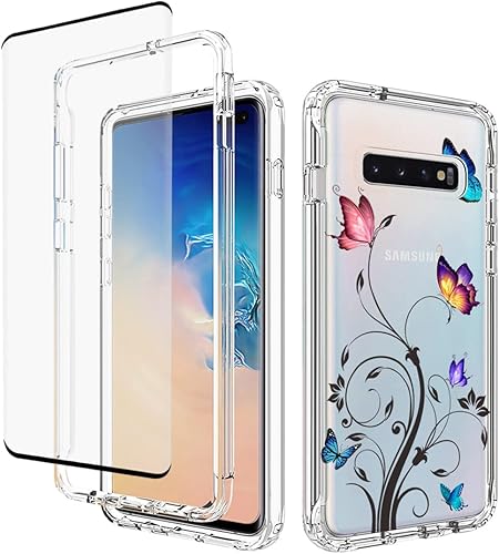 Funda para Galaxy S10+ Plus, SM-G975U con protector de pantalla de vidrio templado, carcasa rígida de diseño floral de cuerpo completo + funda de