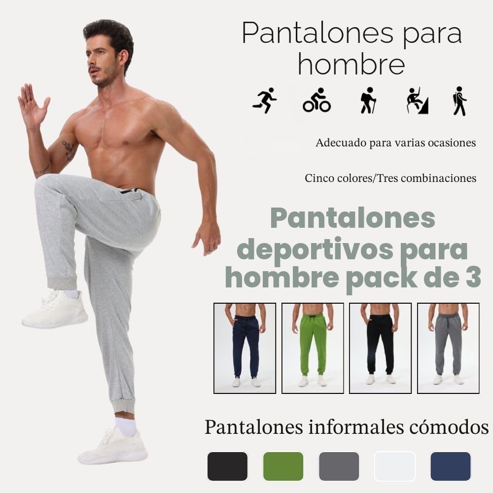 Paquete de 3 pantalones deportivos para hombre con bolsillos con cremallera