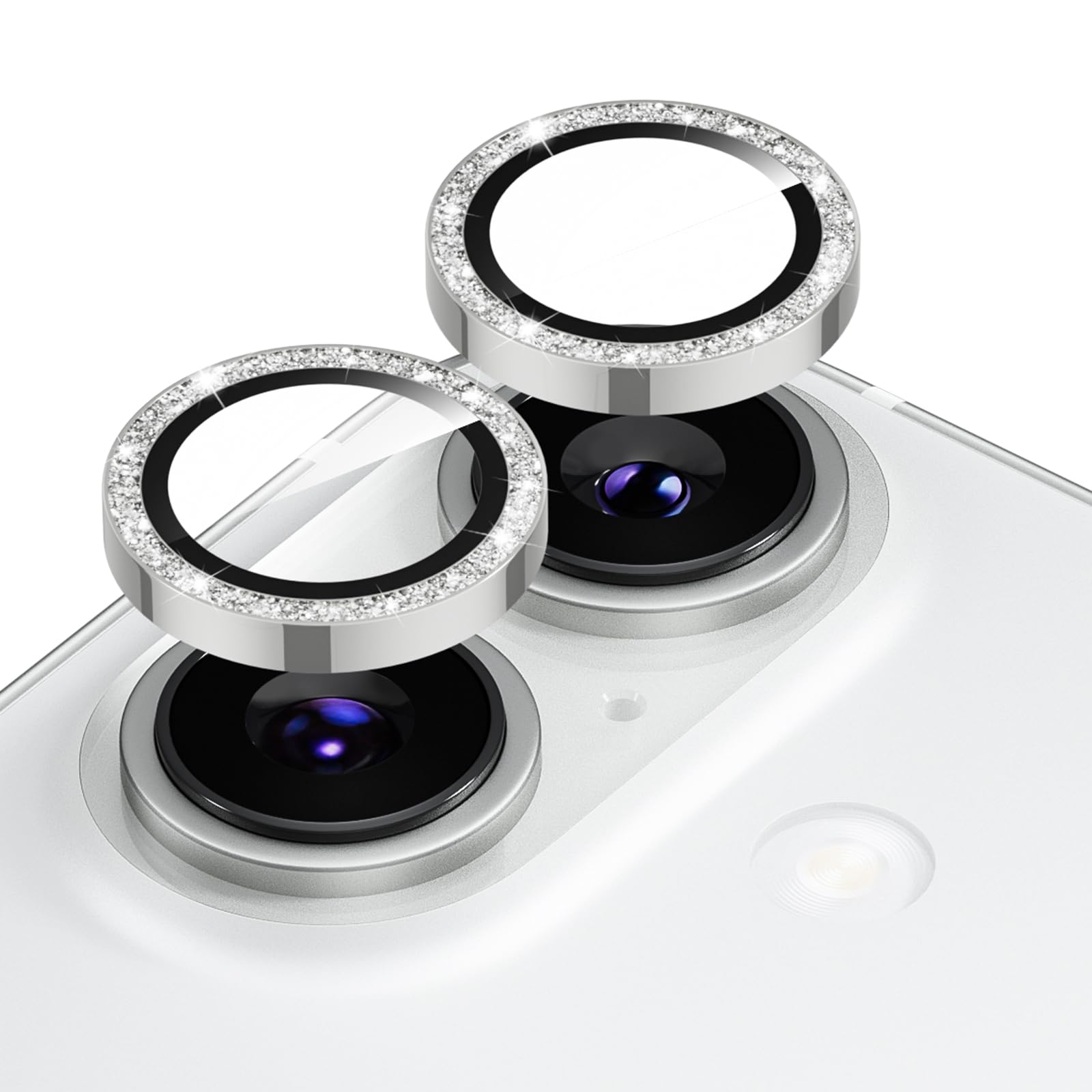 Podick カメラ保護フィルム iPhone 17E / 16E 用 カメラカバー キラキラ 9H強化ガラス アルミ合金 耐衝撃 いphone17E カメラ保護 高透過率 黒縁取り フラッシュ干渉なし 取付ガイド枠付き 貼り付け簡単 アイフォン17E 16E 対応 独立型レンズプロテクター ブラック(17E/16E,Silver)